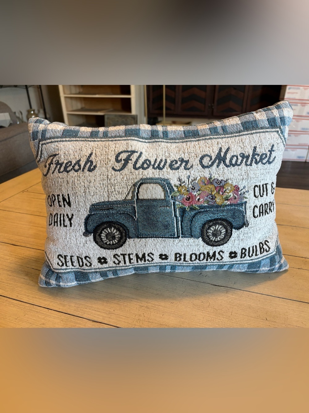 Blue Truck Pillow Country Floral Decor Flower Decorative Farmhouse Rustic Manor